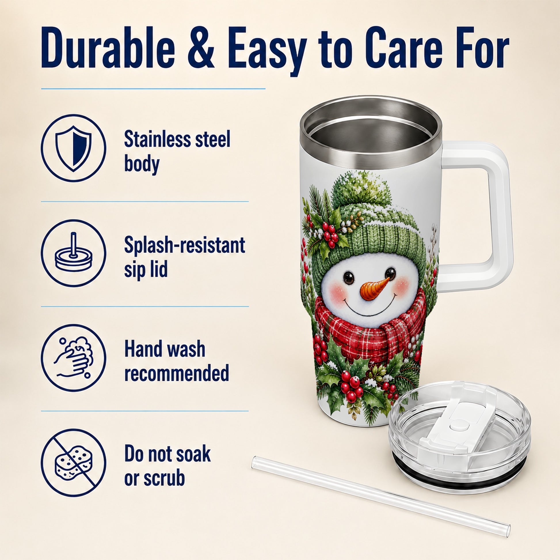 #pl[40oz|White] Snowman 40oz Tumbler with Handle, Christmas Stainless Steel Travel Cup