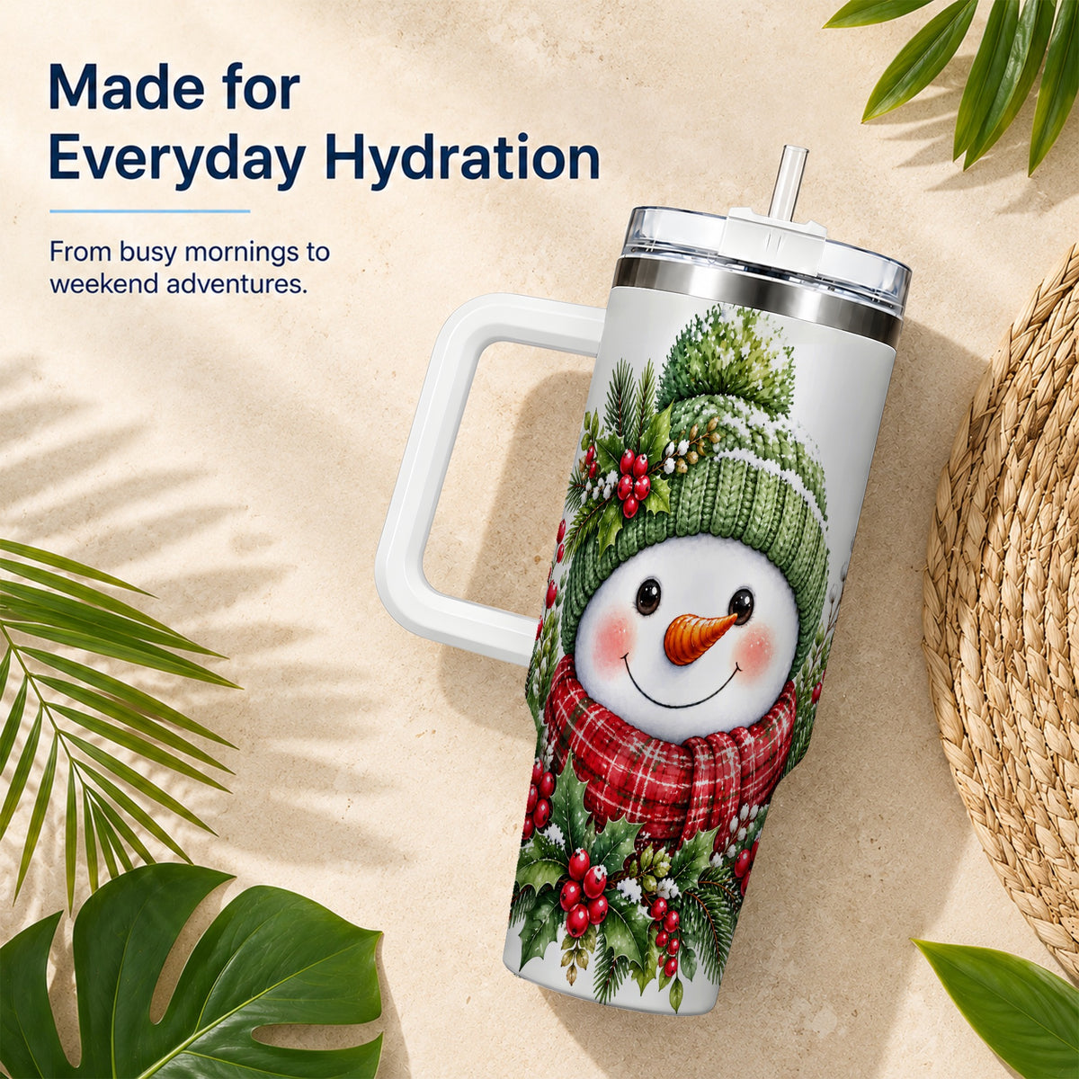 #pl[40oz|White] Snowman 40oz Tumbler with Handle, Christmas Stainless Steel Travel Cup