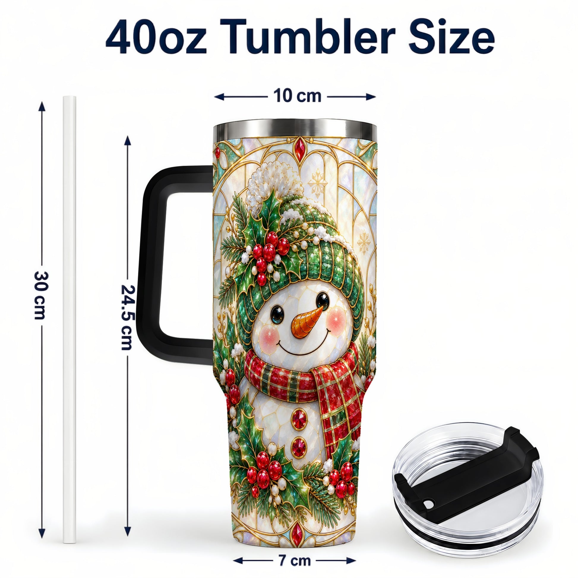 #pl[40oz|Black] Snowman 40oz Tumbler with Handle, Holiday Stainless Steel Travel Cup