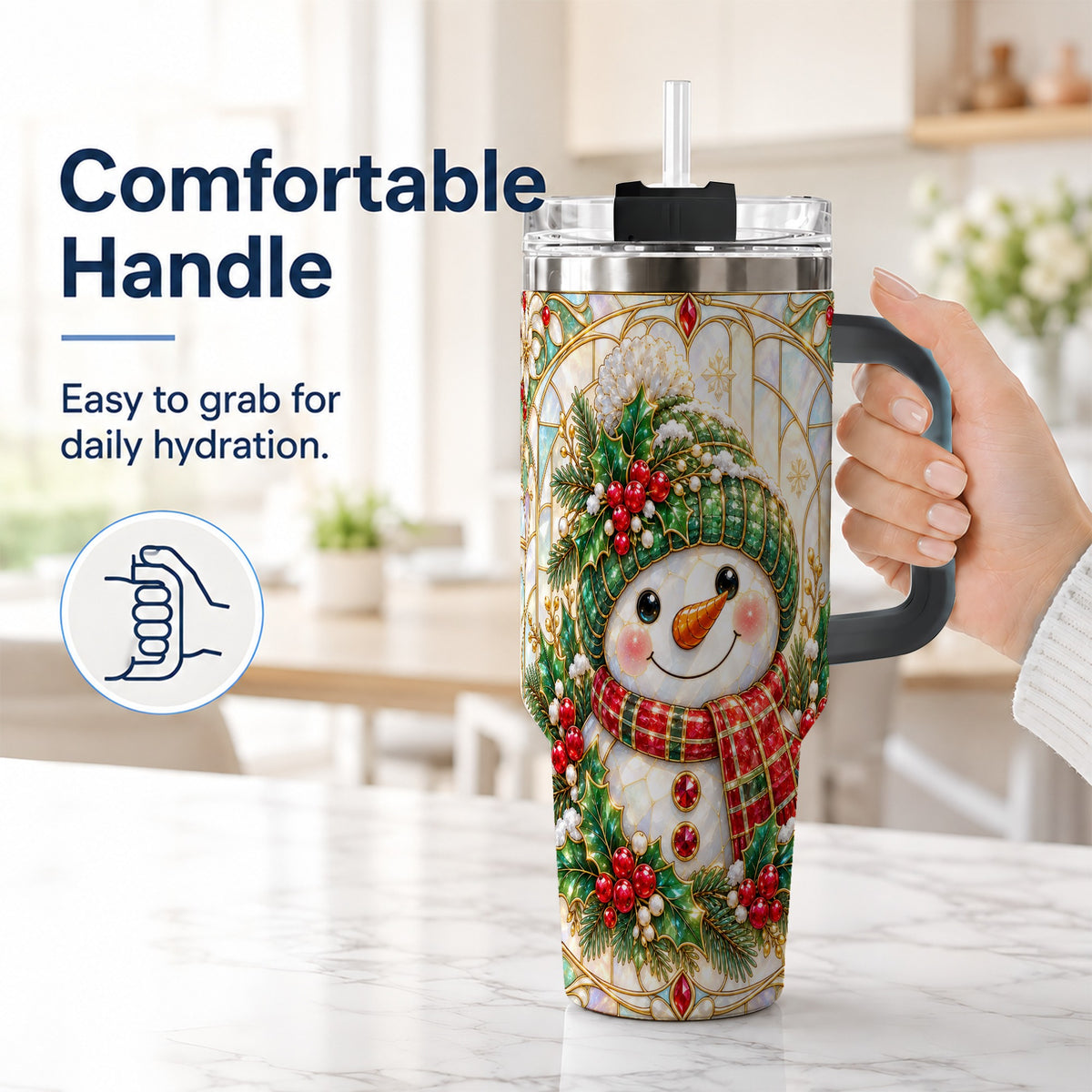 #pl[40oz|Black] Snowman 40oz Tumbler with Handle, Holiday Stainless Steel Travel Cup