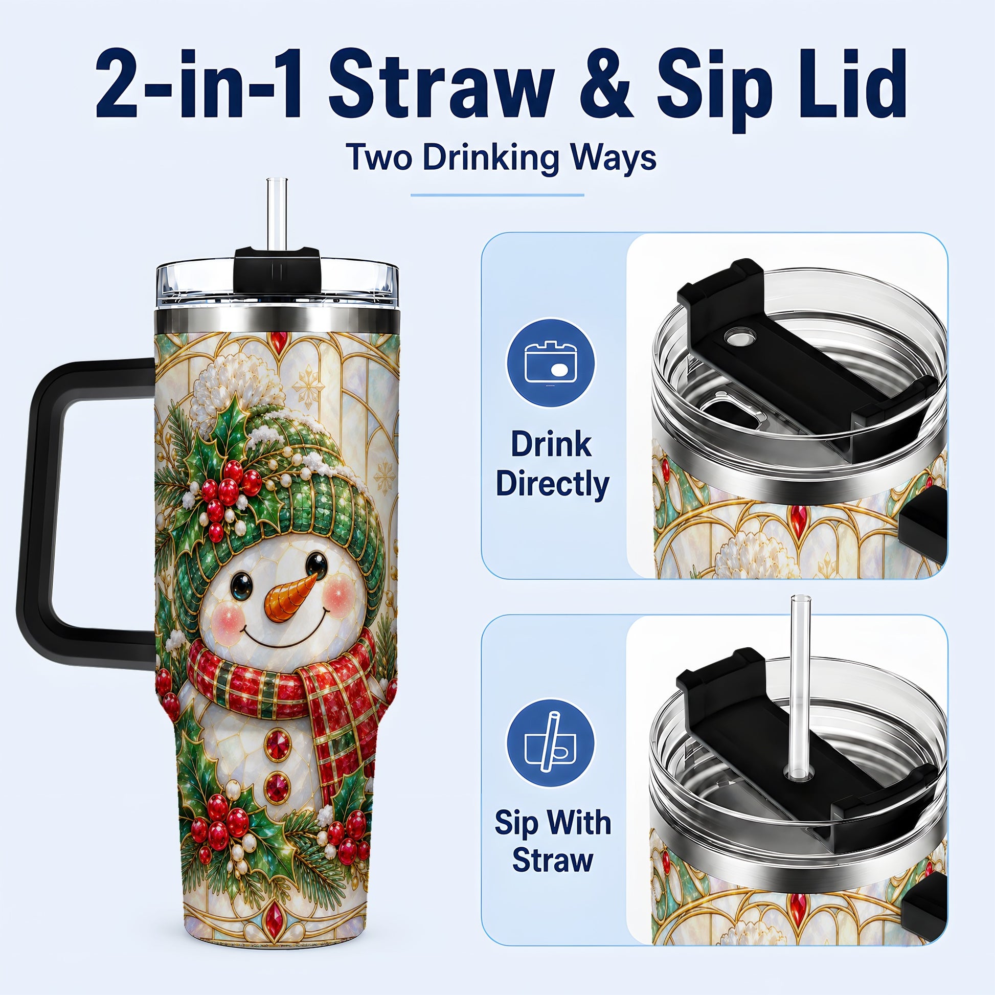 #pl[40oz|Black] Snowman 40oz Tumbler with Handle, Holiday Stainless Steel Travel Cup