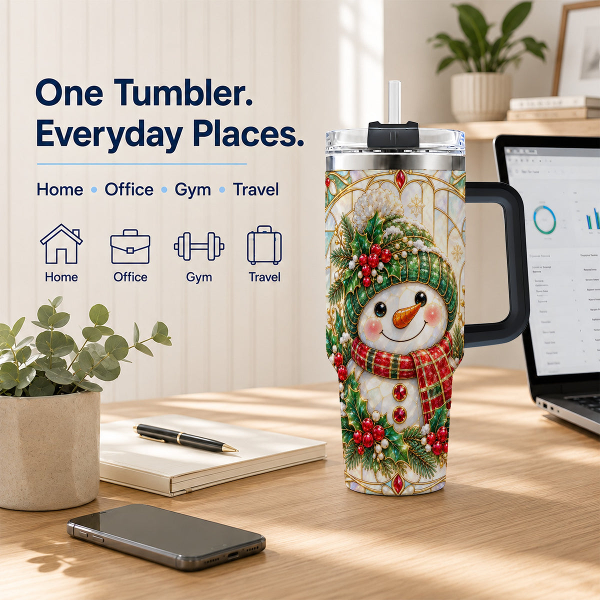 #pl[40oz|Black] Snowman 40oz Tumbler with Handle, Holiday Stainless Steel Travel Cup