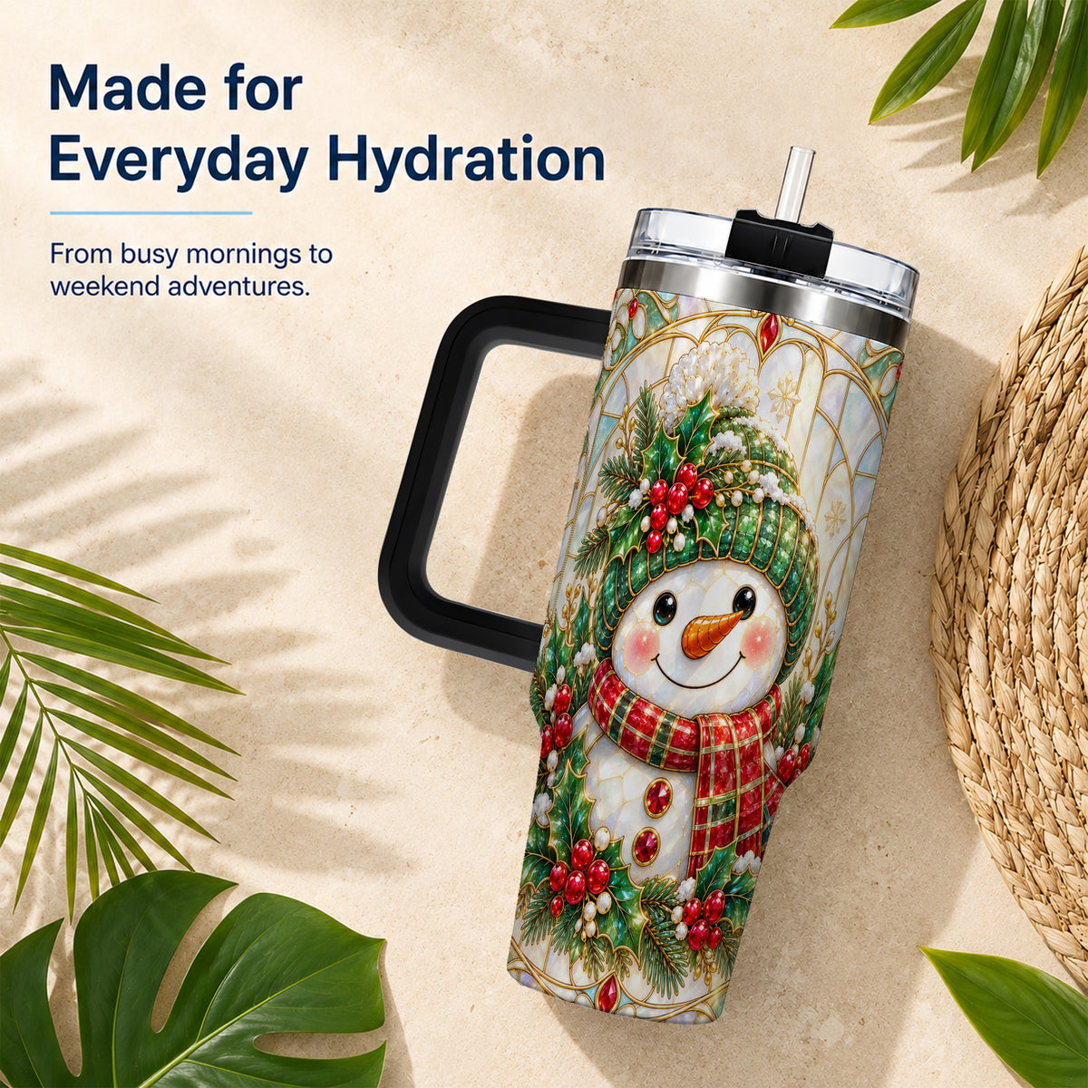 #pl[40oz|Black] Snowman 40oz Tumbler with Handle, Holiday Stainless Steel Travel Cup