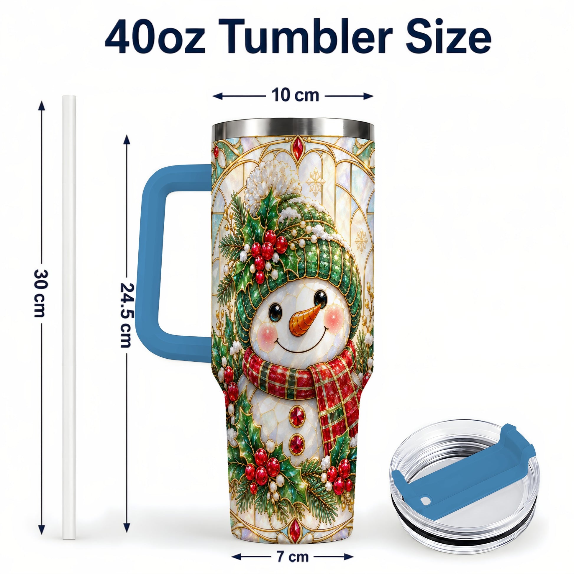 #pl[40oz|Blue] Snowman 40oz Tumbler with Handle, Holiday Stainless Steel Travel Cup