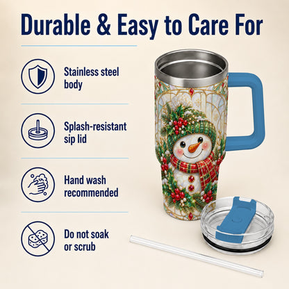 #pl[40oz|Blue] Snowman 40oz Tumbler with Handle, Holiday Stainless Steel Travel Cup