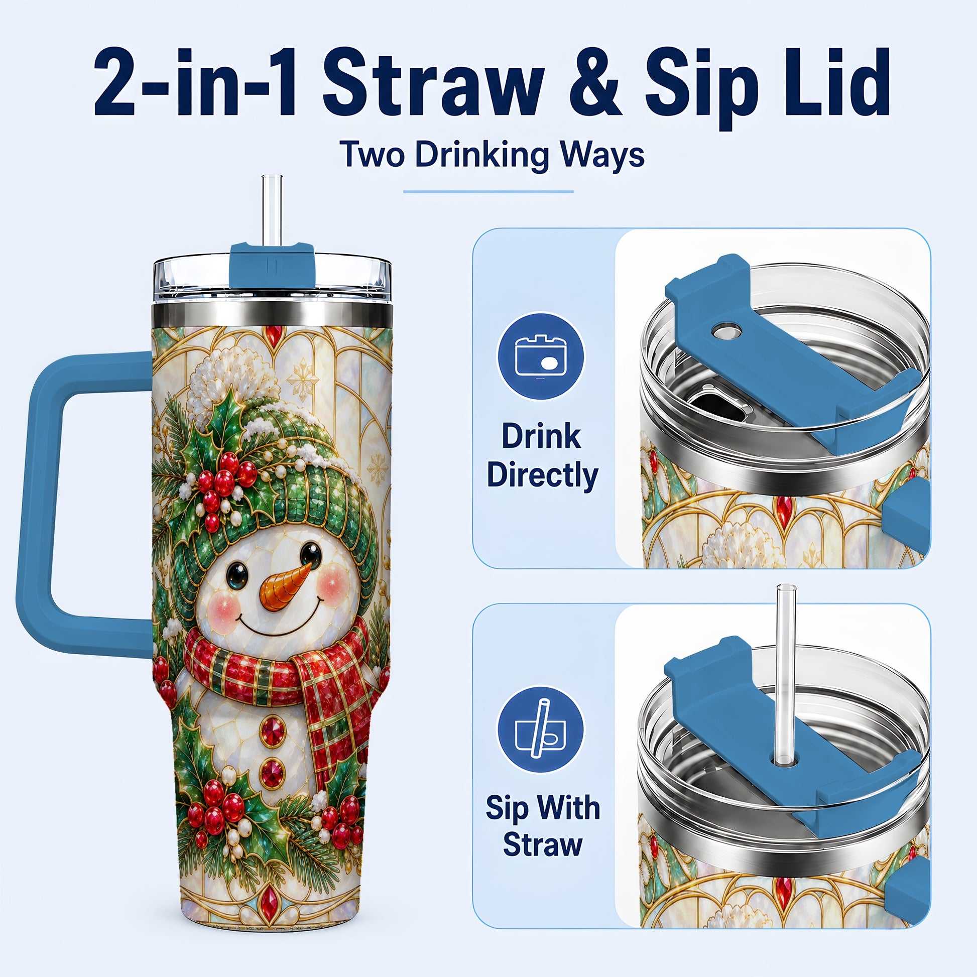 #pl[40oz|Blue] Snowman 40oz Tumbler with Handle, Holiday Stainless Steel Travel Cup