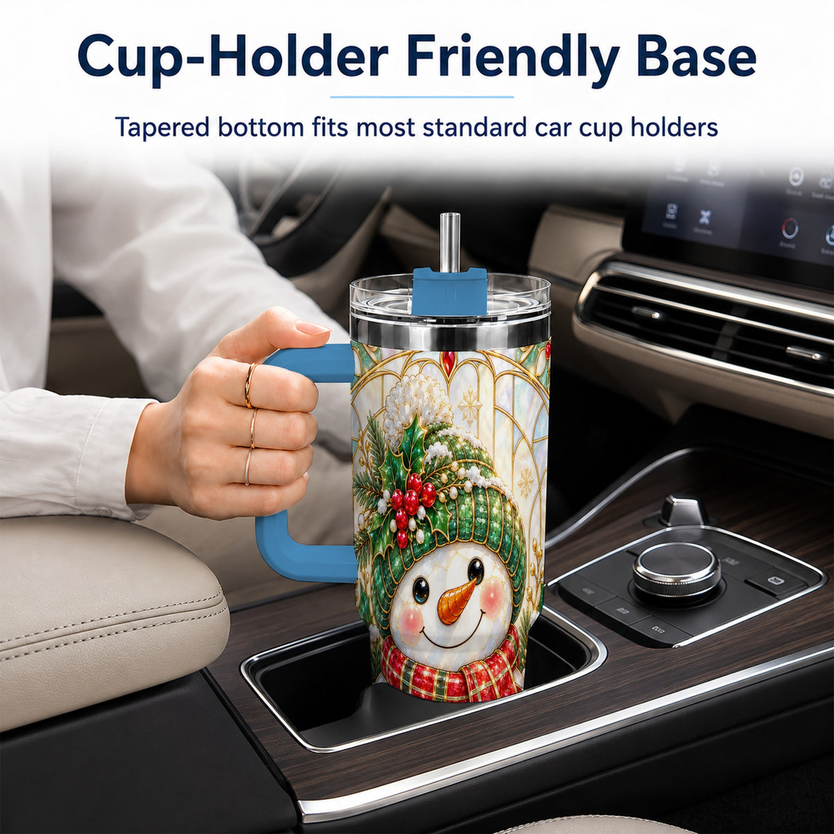 #pl[40oz|Blue] Snowman 40oz Tumbler with Handle, Holiday Stainless Steel Travel Cup