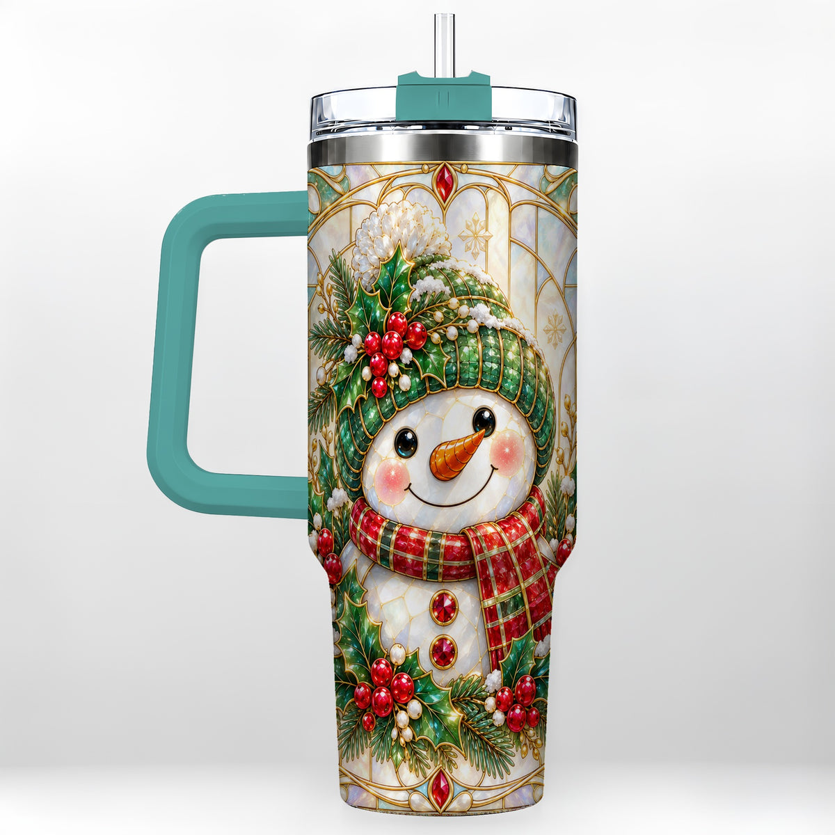 #pl[40oz|Green] Snowman 40oz Tumbler with Handle, Holiday Stainless Steel Travel Cup