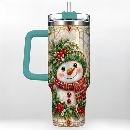 #pl[40oz|Green] Snowman 40oz Tumbler with Handle, Holiday Stainless Steel Travel Cup