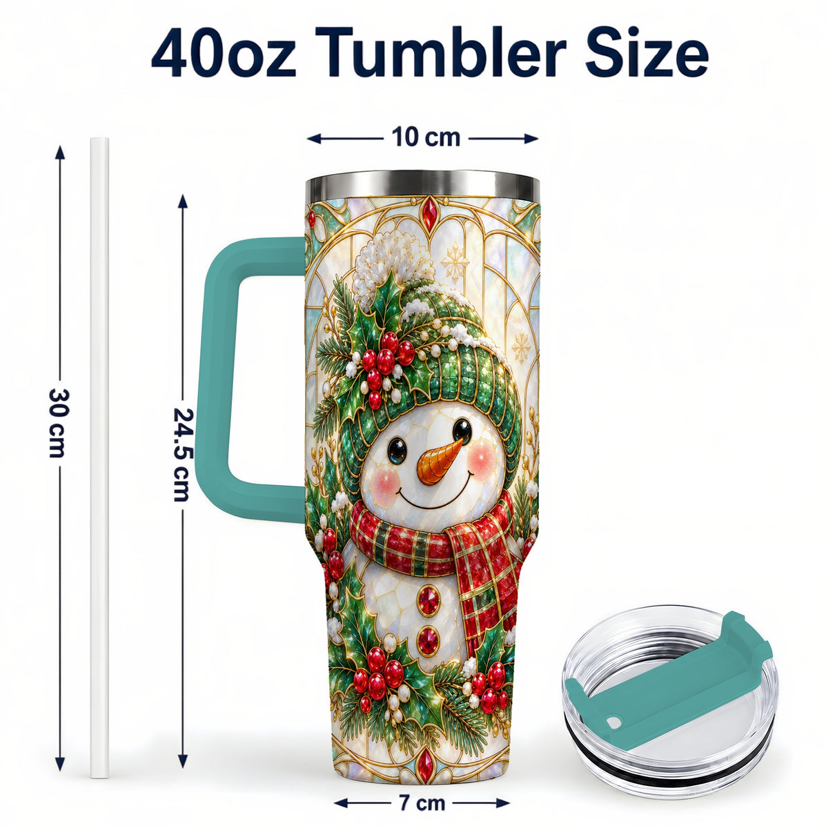 #pl[40oz|Green] Snowman 40oz Tumbler with Handle, Holiday Stainless Steel Travel Cup