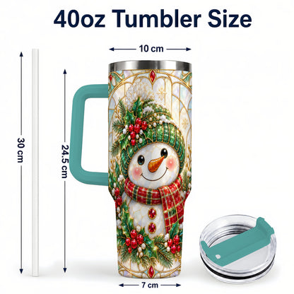 #pl[40oz|Green] Snowman 40oz Tumbler with Handle, Holiday Stainless Steel Travel Cup