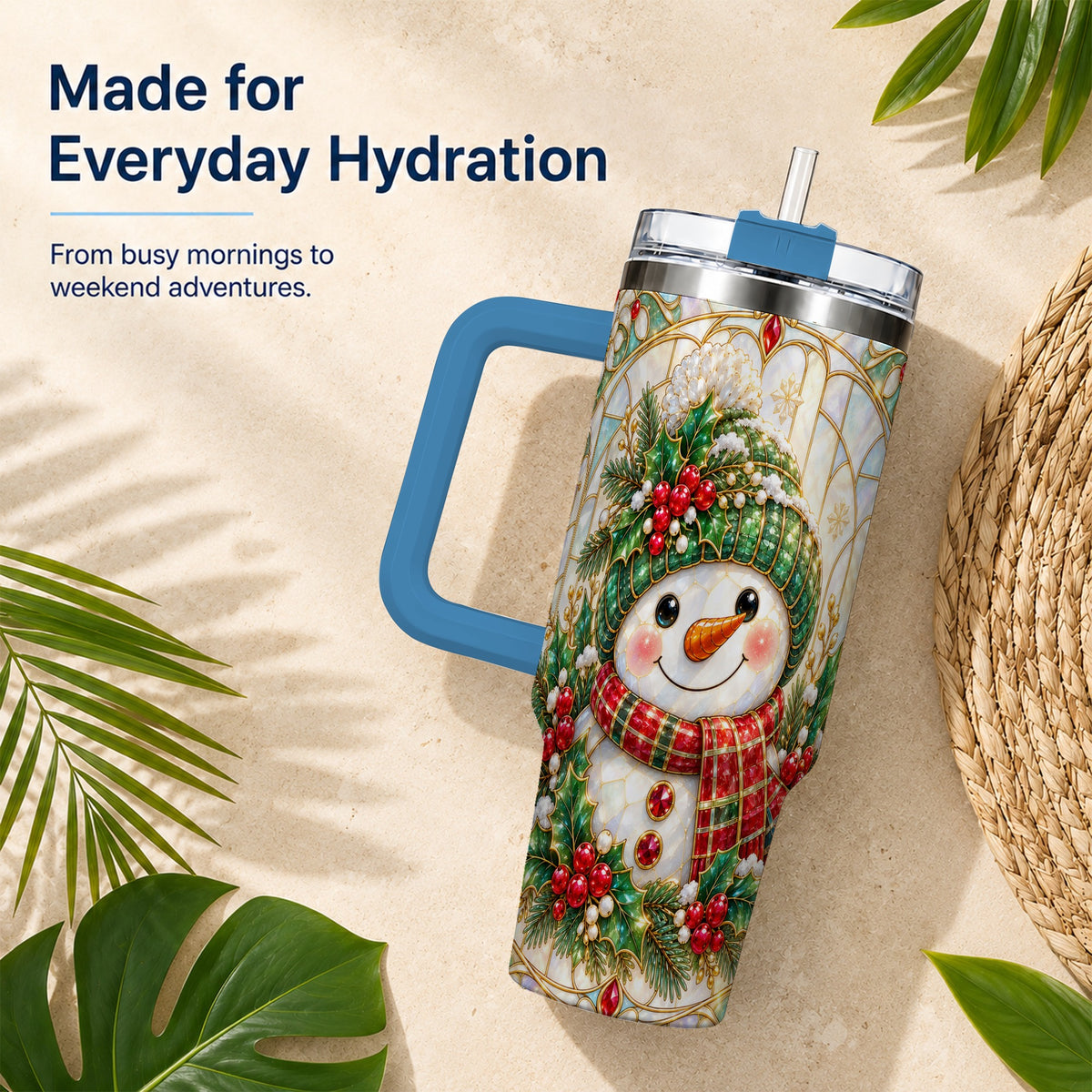#pl[40oz|Blue] Snowman 40oz Tumbler with Handle, Holiday Stainless Steel Travel Cup