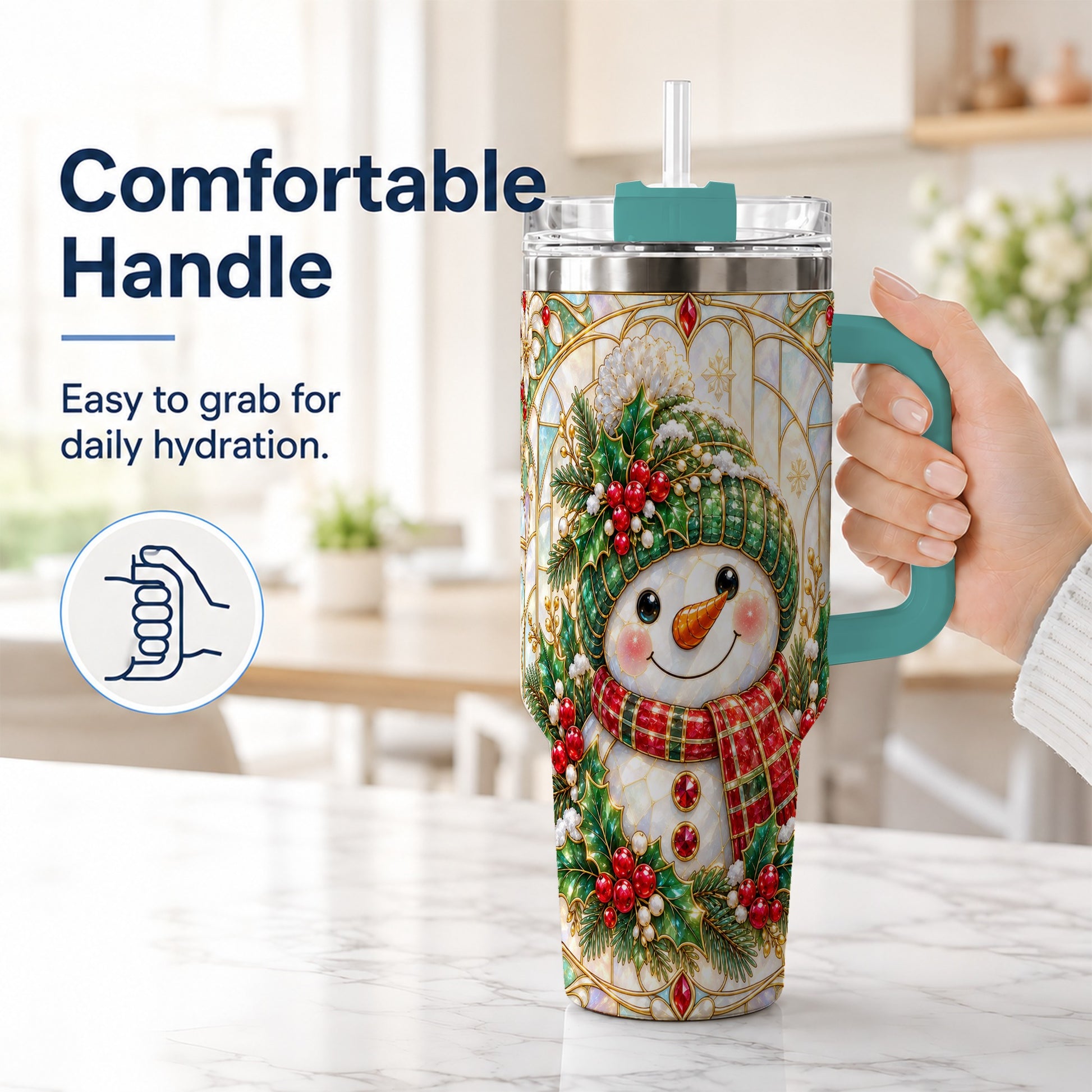 #pl[40oz|Green] Snowman 40oz Tumbler with Handle, Holiday Stainless Steel Travel Cup