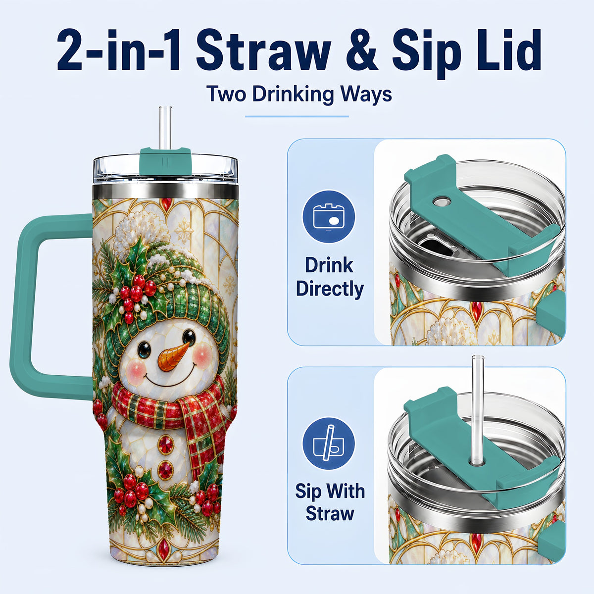 #pl[40oz|Green] Snowman 40oz Tumbler with Handle, Holiday Stainless Steel Travel Cup