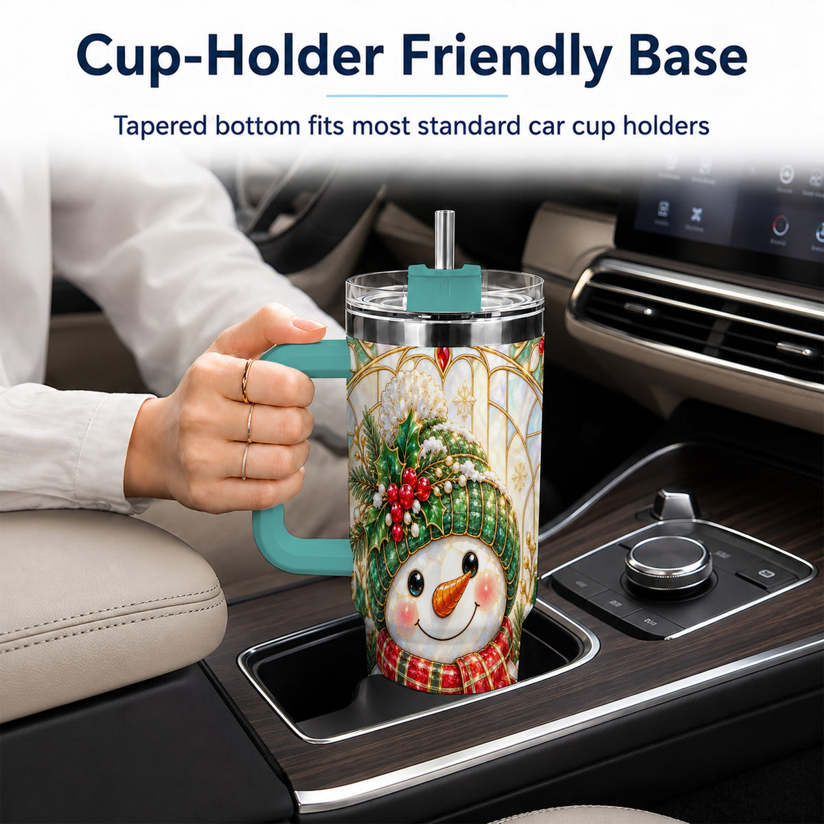 #pl[40oz|Green] Snowman 40oz Tumbler with Handle, Holiday Stainless Steel Travel Cup