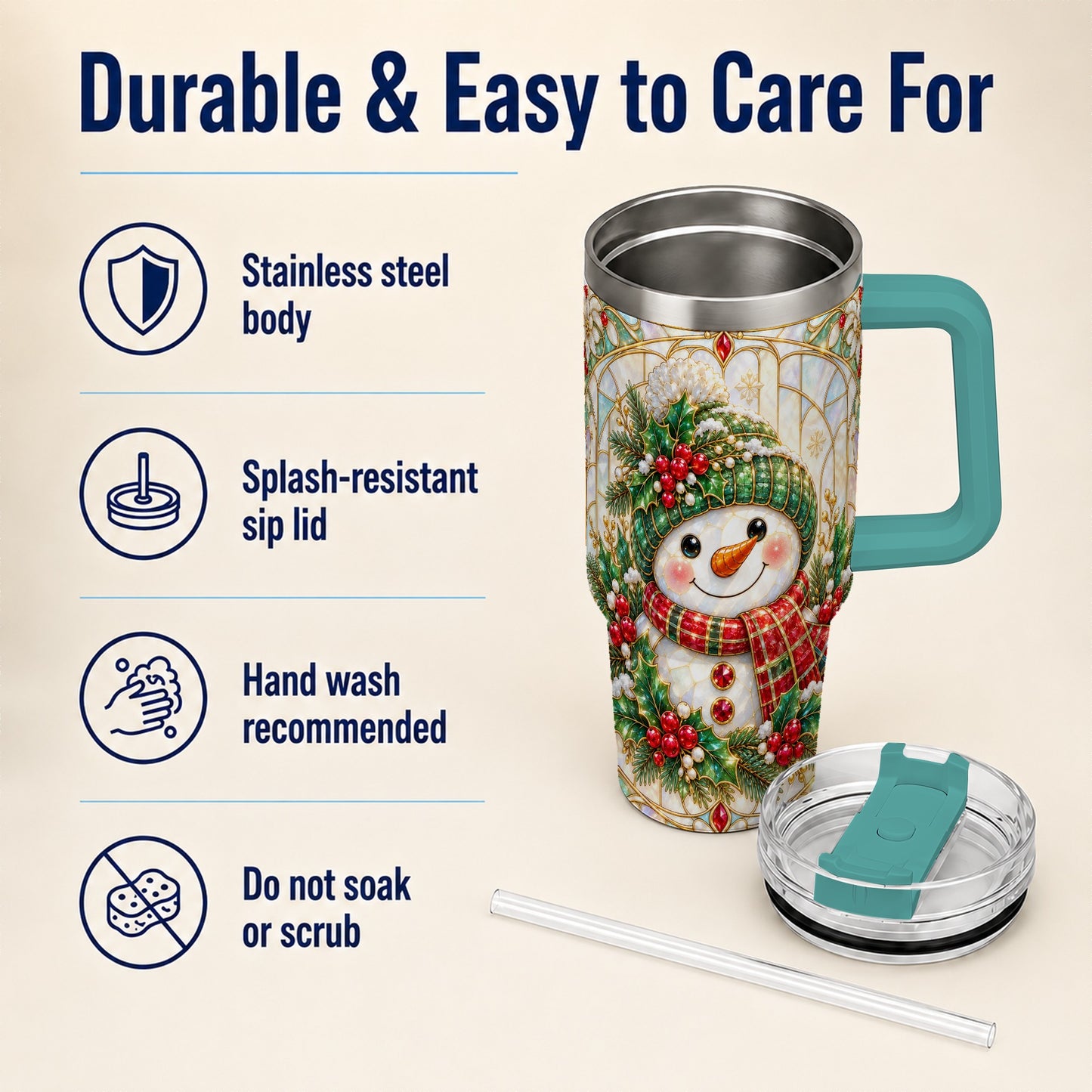 #pl[40oz|Green] Snowman 40oz Tumbler with Handle, Holiday Stainless Steel Travel Cup