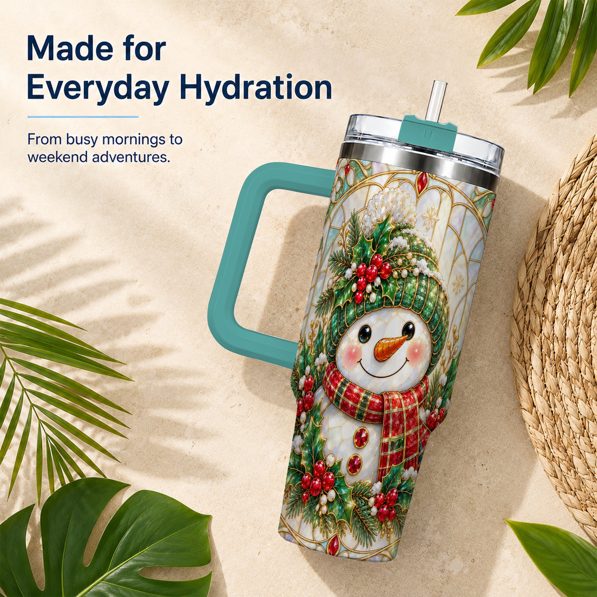 #pl[40oz|Green] Snowman 40oz Tumbler with Handle, Holiday Stainless Steel Travel Cup