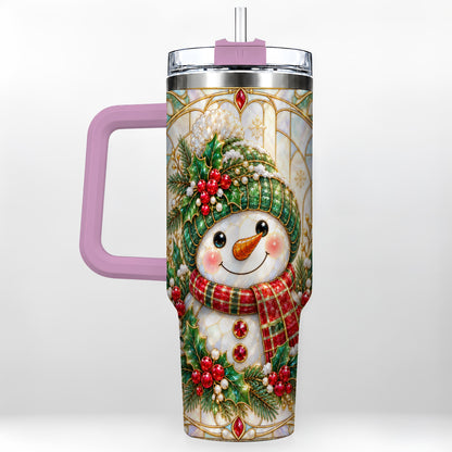 #pl[40oz|Pink] Snowman 40oz Tumbler with Handle, Holiday Stainless Steel Travel Cup