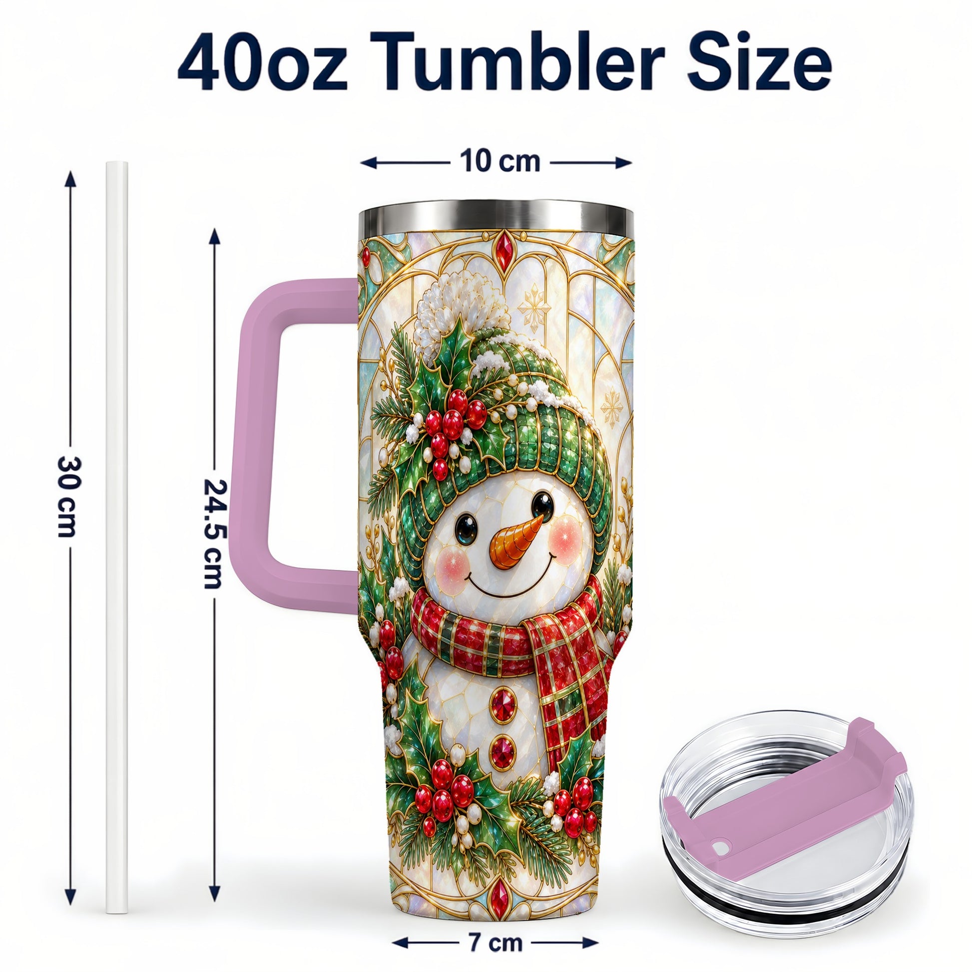 #pl[40oz|Pink] Snowman 40oz Tumbler with Handle, Holiday Stainless Steel Travel Cup