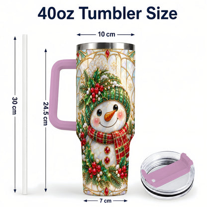 #pl[40oz|Pink] Snowman 40oz Tumbler with Handle, Holiday Stainless Steel Travel Cup