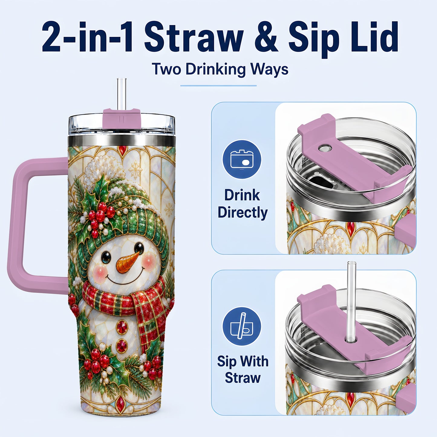 #pl[40oz|Pink] Snowman 40oz Tumbler with Handle, Holiday Stainless Steel Travel Cup