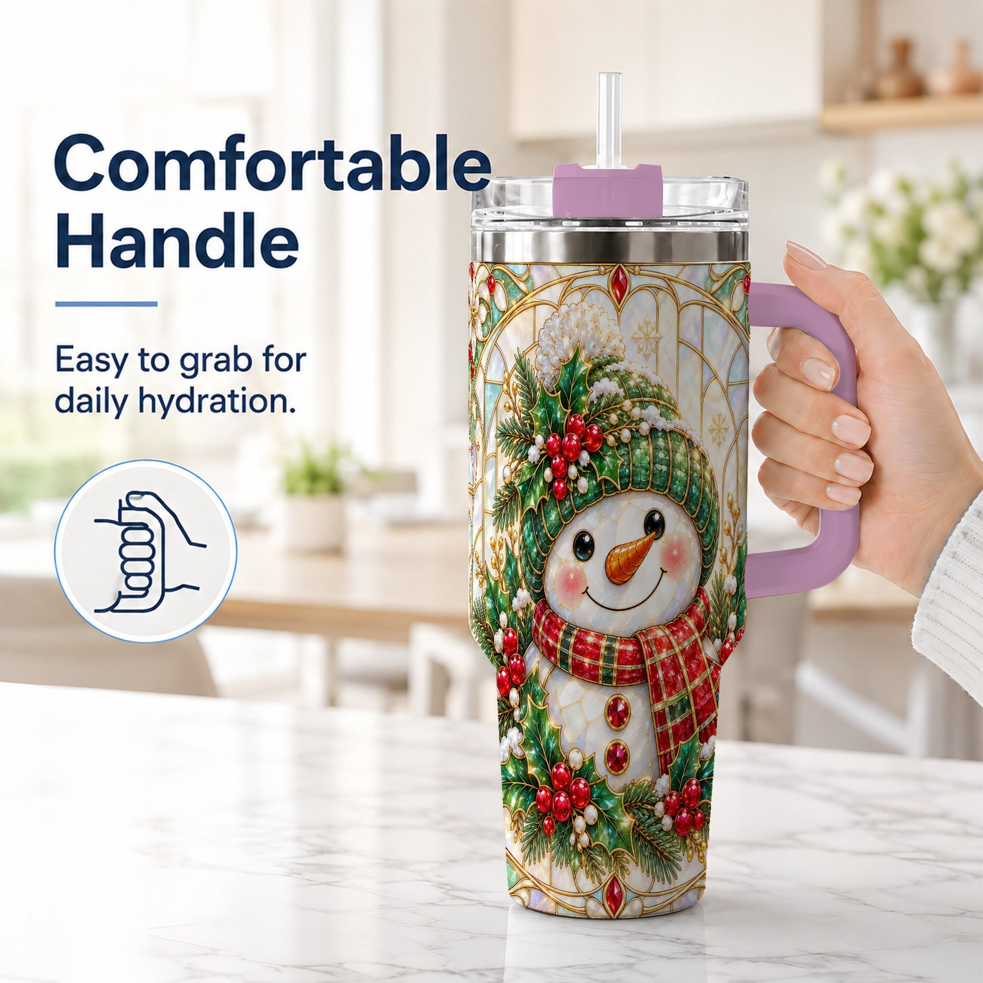 #pl[40oz|Pink] Snowman 40oz Tumbler with Handle, Holiday Stainless Steel Travel Cup
