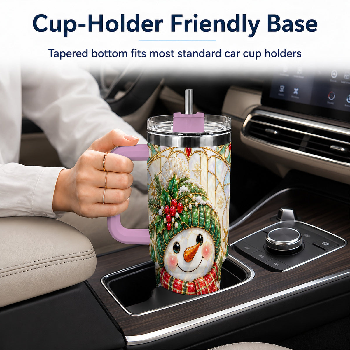 #pl[40oz|Pink] Snowman 40oz Tumbler with Handle, Holiday Stainless Steel Travel Cup