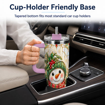 #pl[40oz|Pink] Snowman 40oz Tumbler with Handle, Holiday Stainless Steel Travel Cup