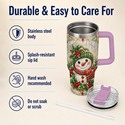 #pl[40oz|Pink] Snowman 40oz Tumbler with Handle, Holiday Stainless Steel Travel Cup