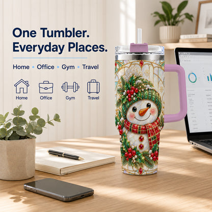 #pl[40oz|Pink] Snowman 40oz Tumbler with Handle, Holiday Stainless Steel Travel Cup