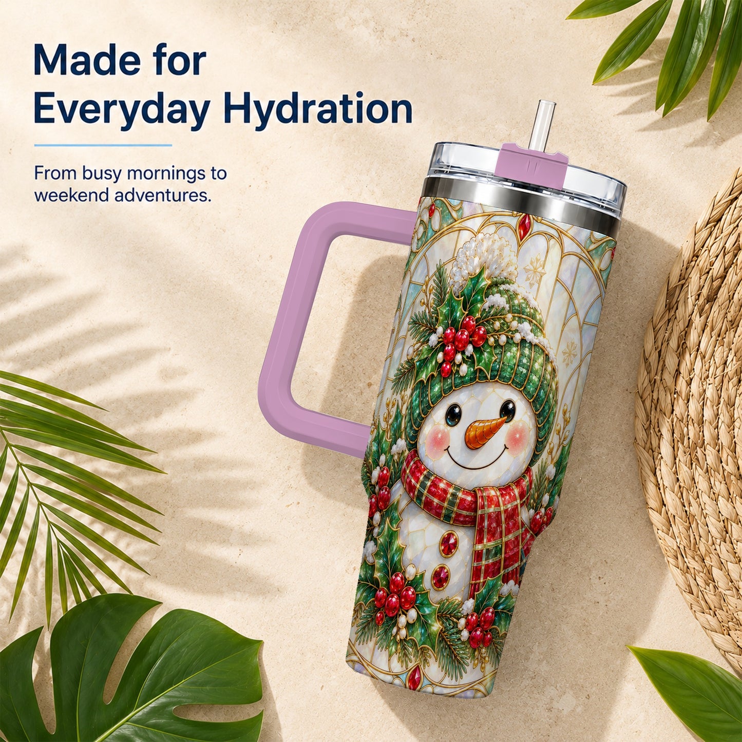 #pl[40oz|Pink] Snowman 40oz Tumbler with Handle, Holiday Stainless Steel Travel Cup