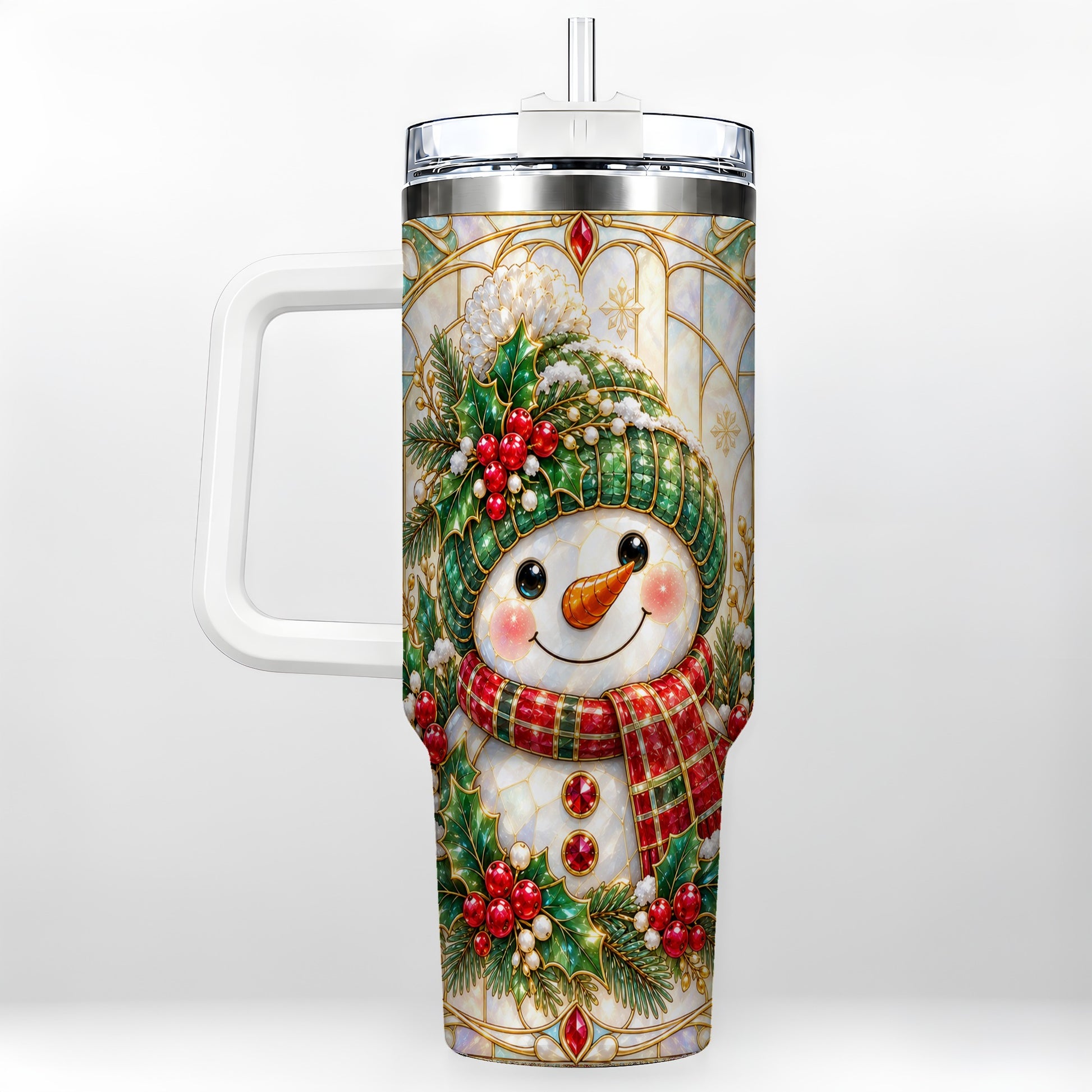 Snowman 40oz Tumbler with Handle, Holiday Stainless Steel Travel Cup