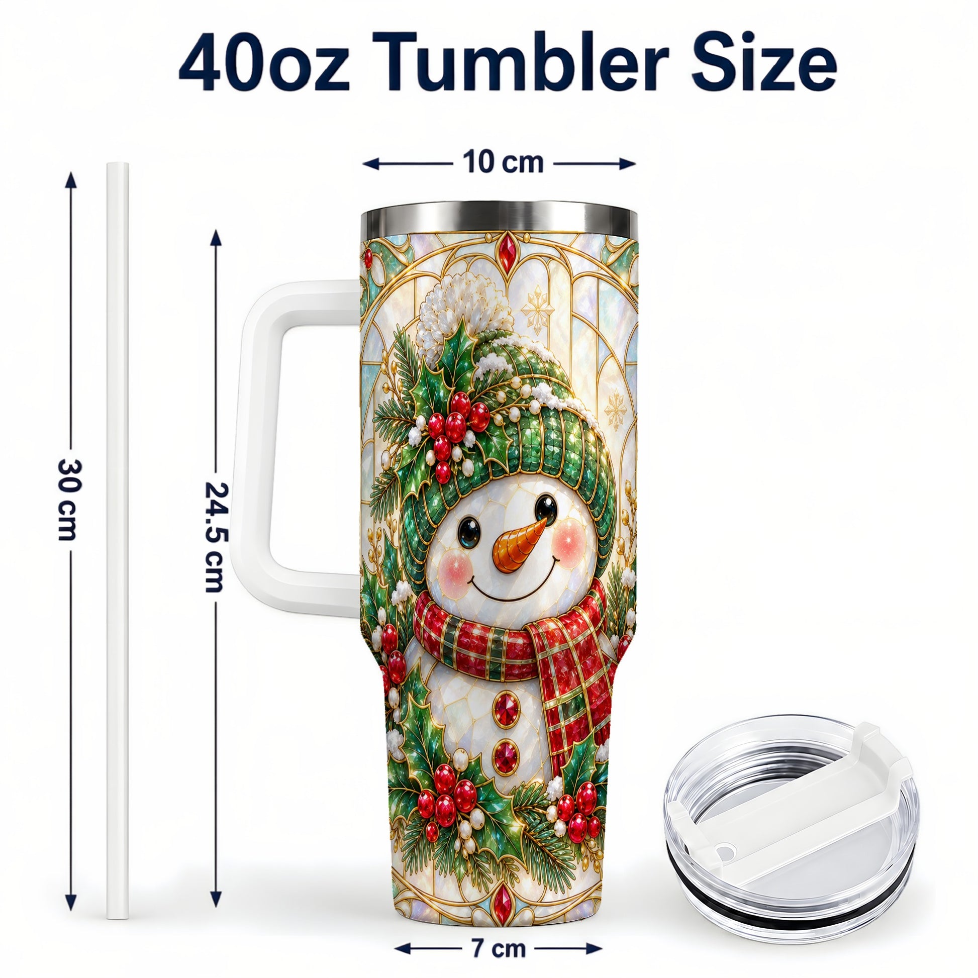 #pl[40oz|White] Snowman 40oz Tumbler with Handle, Holiday Stainless Steel Travel Cup