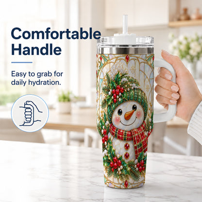 #pl[40oz|White] Snowman 40oz Tumbler with Handle, Holiday Stainless Steel Travel Cup