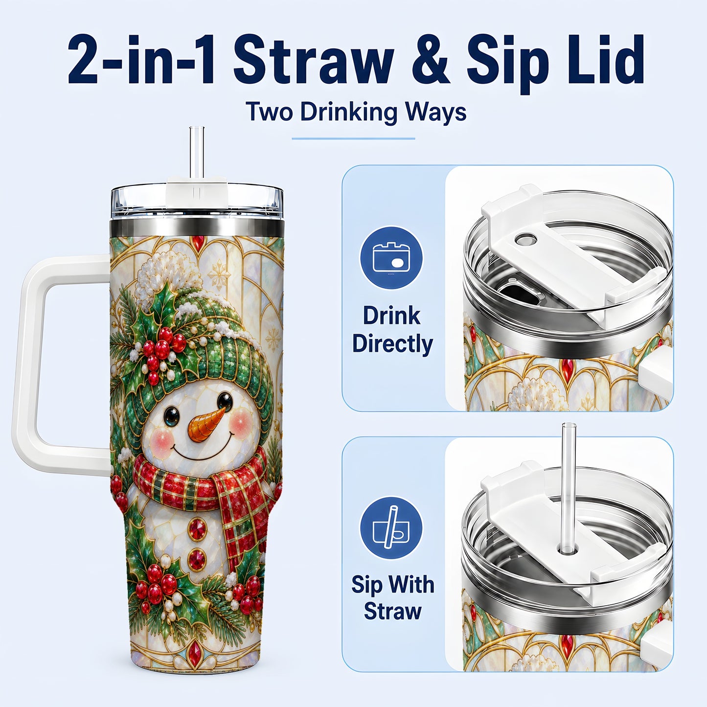#pl[40oz|White] Snowman 40oz Tumbler with Handle, Holiday Stainless Steel Travel Cup