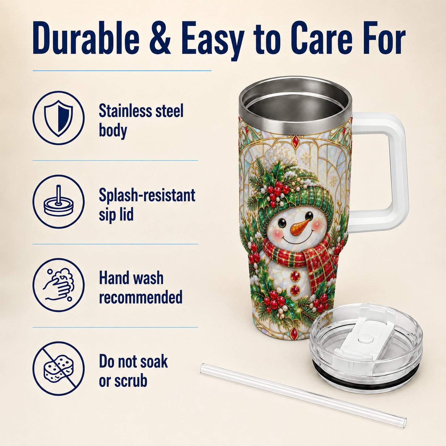 #pl[40oz|White] Snowman 40oz Tumbler with Handle, Holiday Stainless Steel Travel Cup