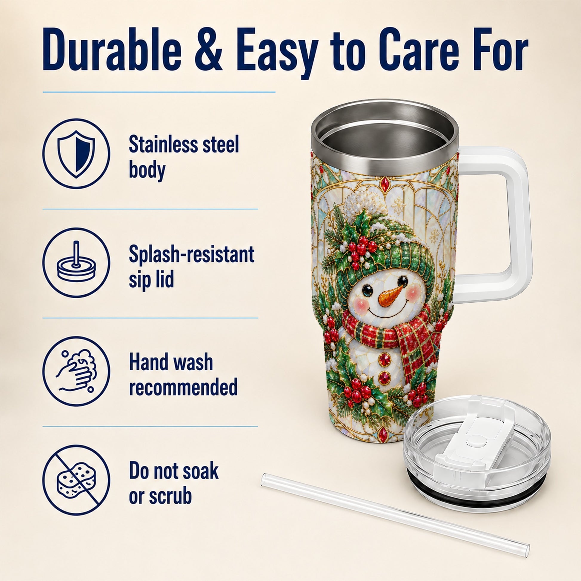#pl[40oz|White] Snowman 40oz Tumbler with Handle, Holiday Stainless Steel Travel Cup