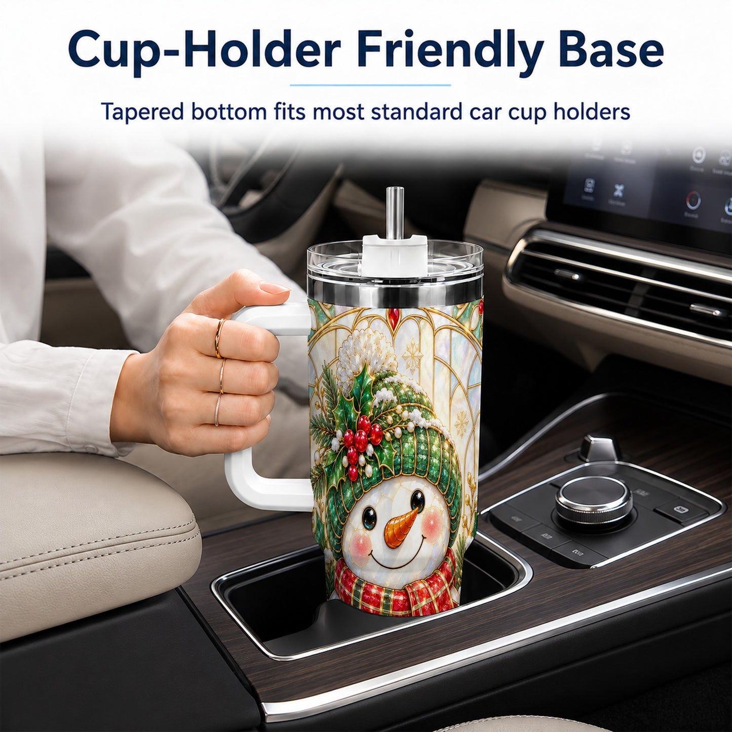 #pl[40oz|White] Snowman 40oz Tumbler with Handle, Holiday Stainless Steel Travel Cup
