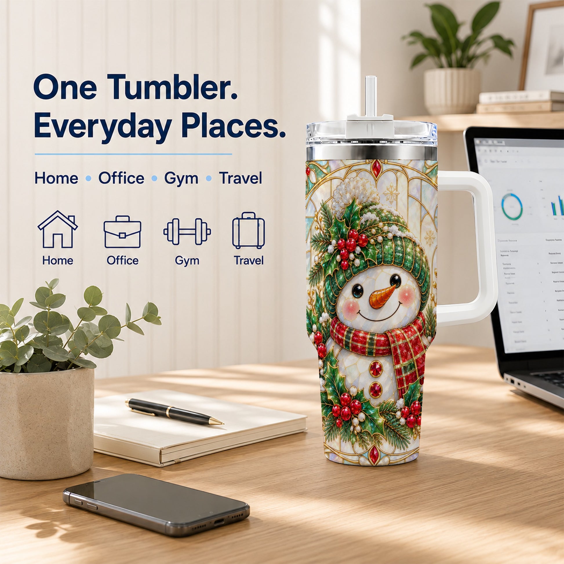 #pl[40oz|White] Snowman 40oz Tumbler with Handle, Holiday Stainless Steel Travel Cup
