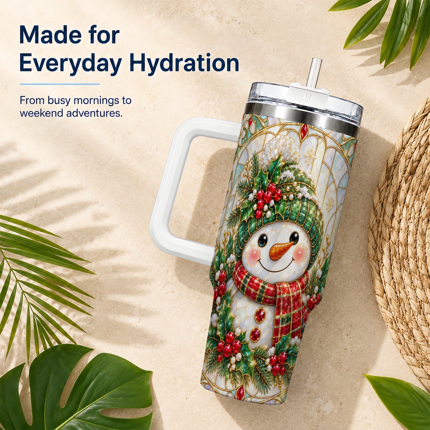 #pl[40oz|White] Snowman 40oz Tumbler with Handle, Holiday Stainless Steel Travel Cup