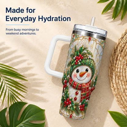 #pl[40oz|White] Snowman 40oz Tumbler with Handle, Holiday Stainless Steel Travel Cup