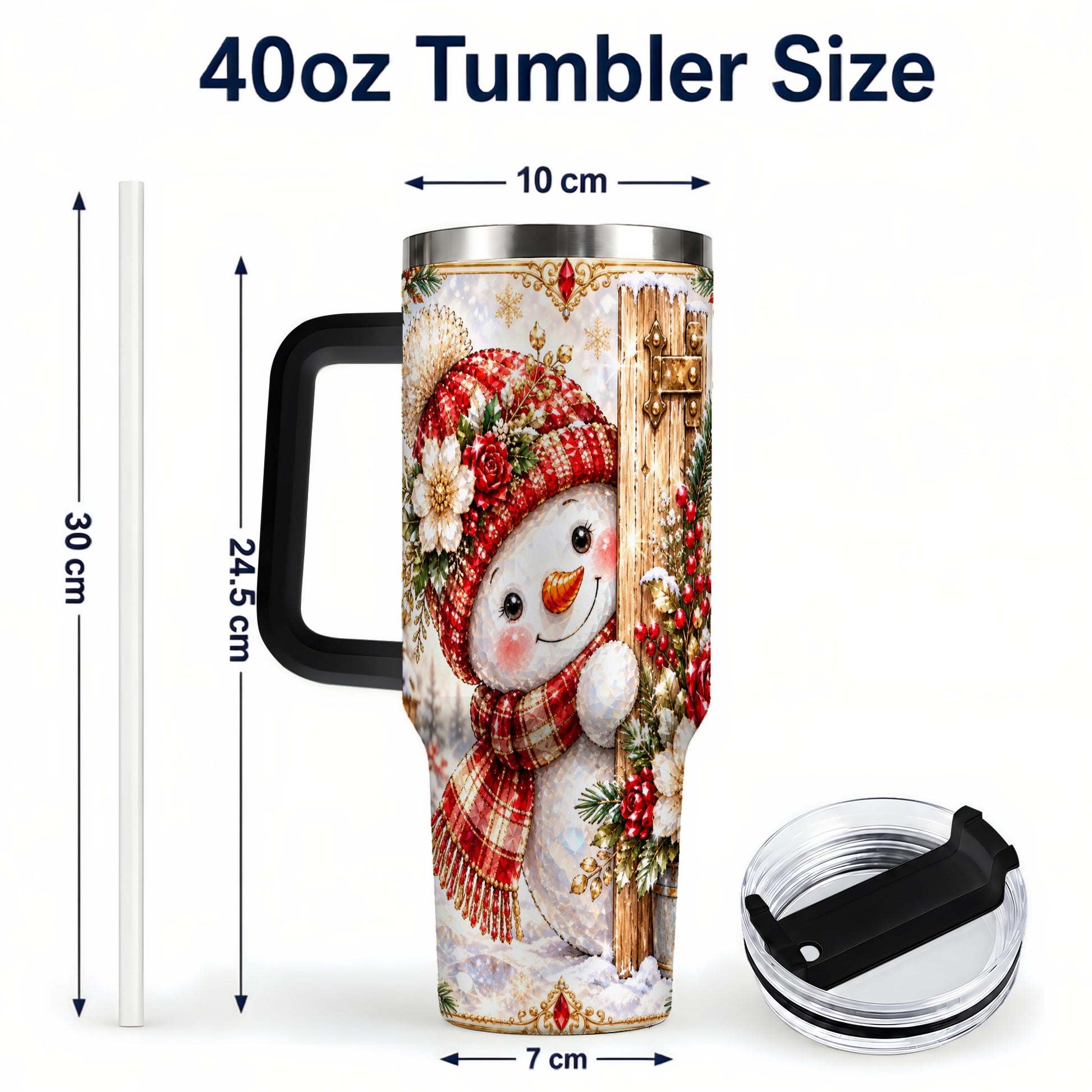 #pl[40oz|Black] Snowman 40oz Tumbler with Handle, Floral Stainless Steel Travel Cup