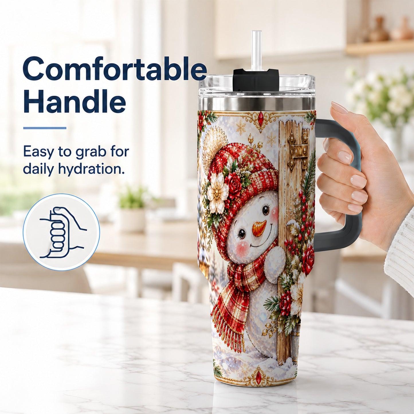 #pl[40oz|Black] Snowman 40oz Tumbler with Handle, Floral Stainless Steel Travel Cup