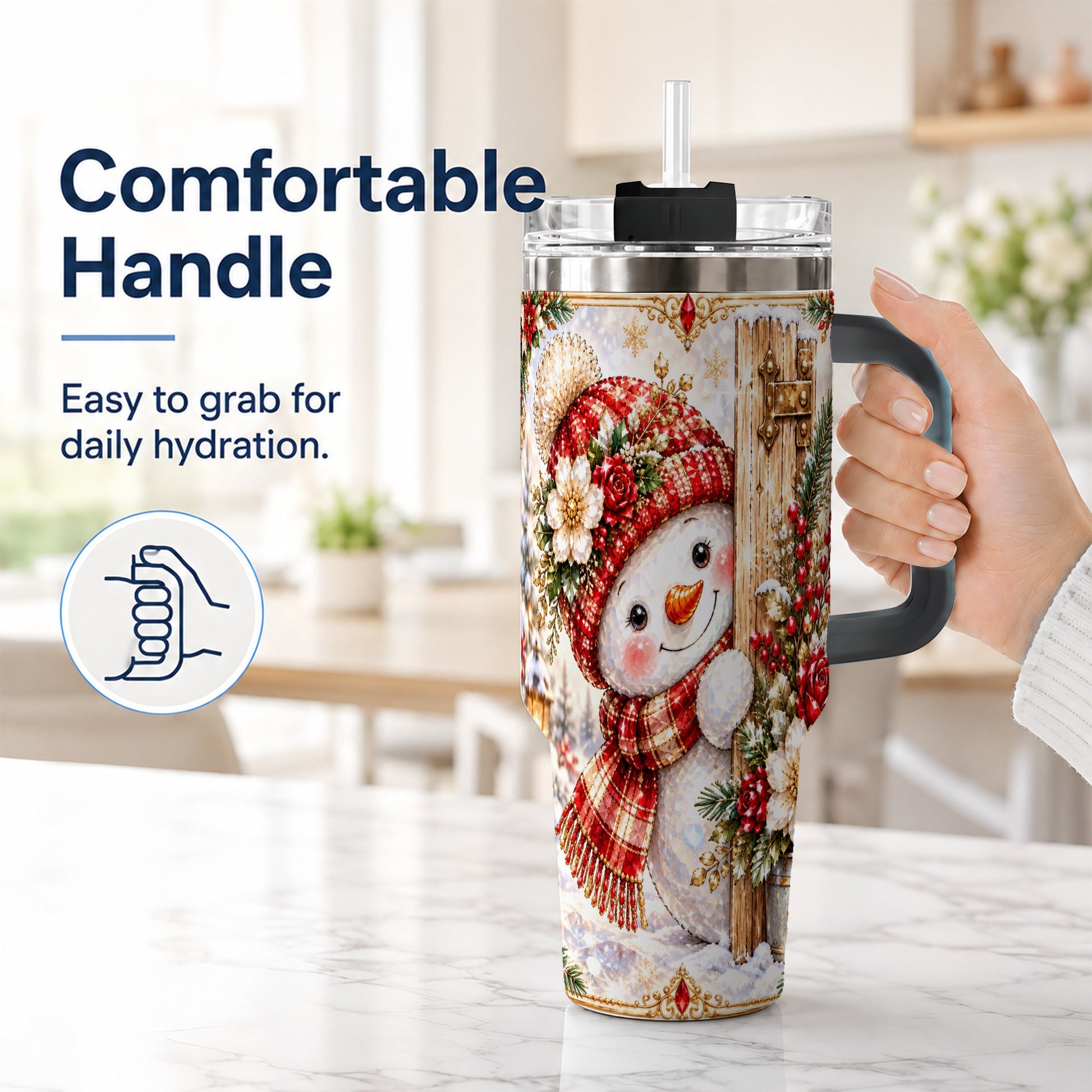 #pl[40oz|Black] Snowman 40oz Tumbler with Handle, Floral Stainless Steel Travel Cup