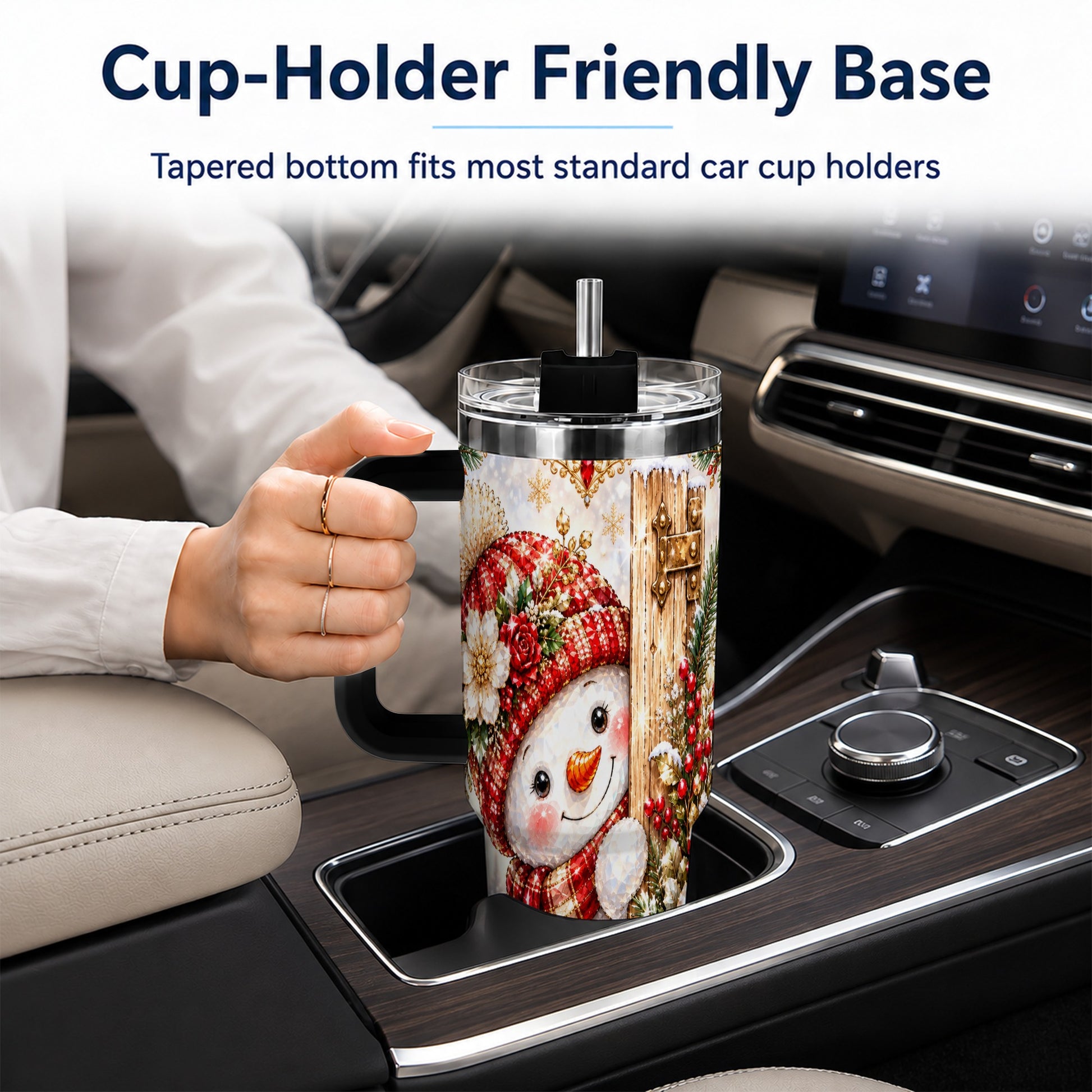 #pl[40oz|Black] Snowman 40oz Tumbler with Handle, Floral Stainless Steel Travel Cup