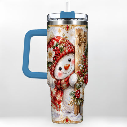 #pl[40oz|Blue] Snowman 40oz Tumbler with Handle, Floral Stainless Steel Travel Cup