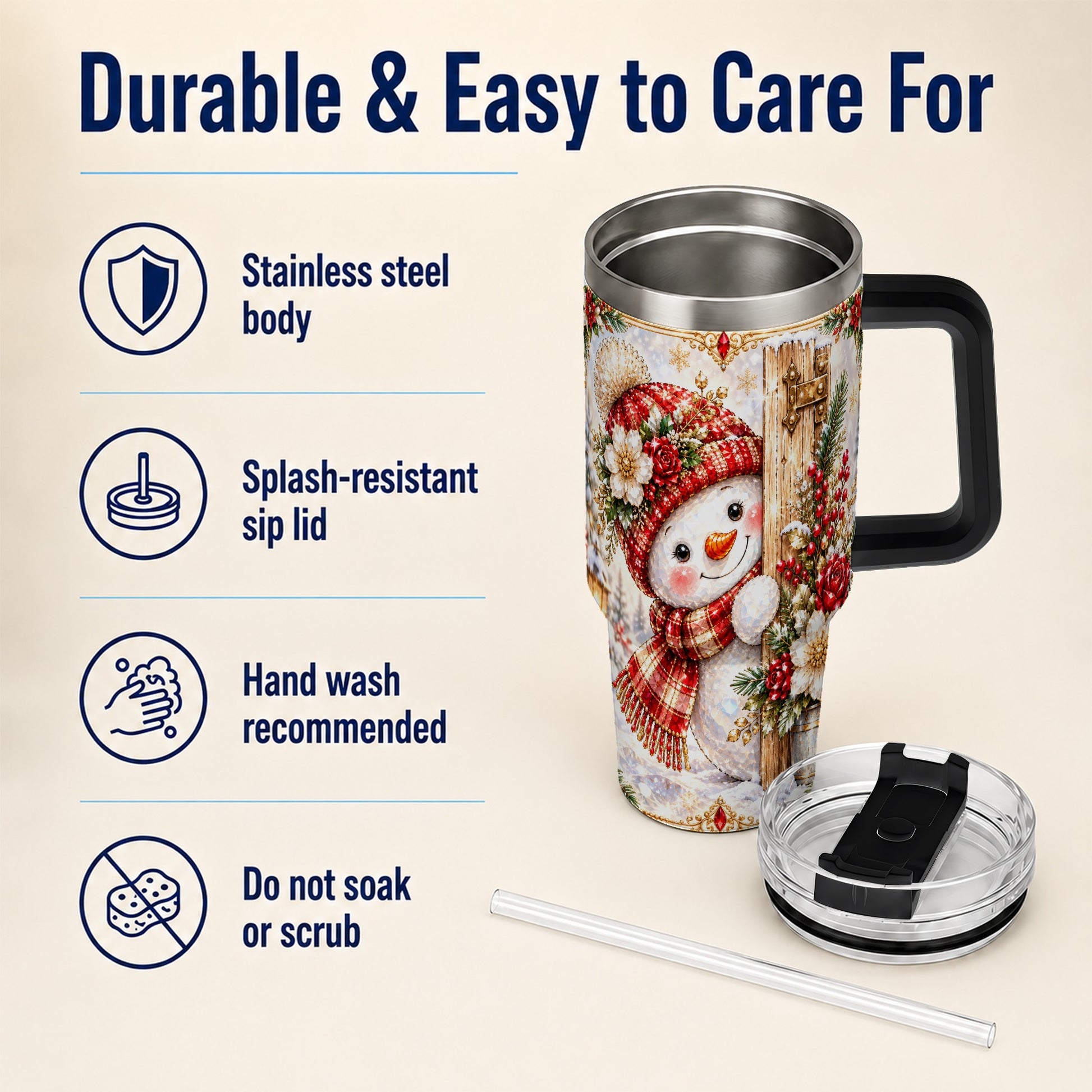 #pl[40oz|Black] Snowman 40oz Tumbler with Handle, Floral Stainless Steel Travel Cup