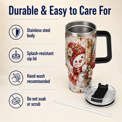 #pl[40oz|Black] Snowman 40oz Tumbler with Handle, Floral Stainless Steel Travel Cup