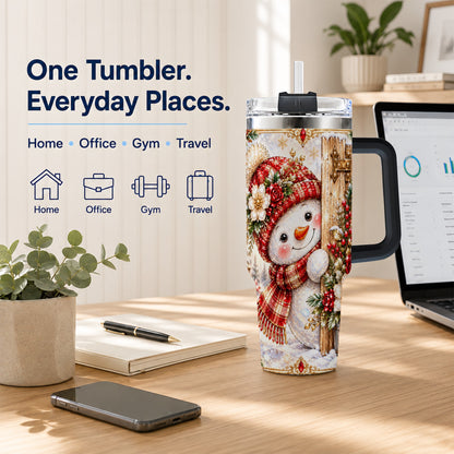 #pl[40oz|Black] Snowman 40oz Tumbler with Handle, Floral Stainless Steel Travel Cup