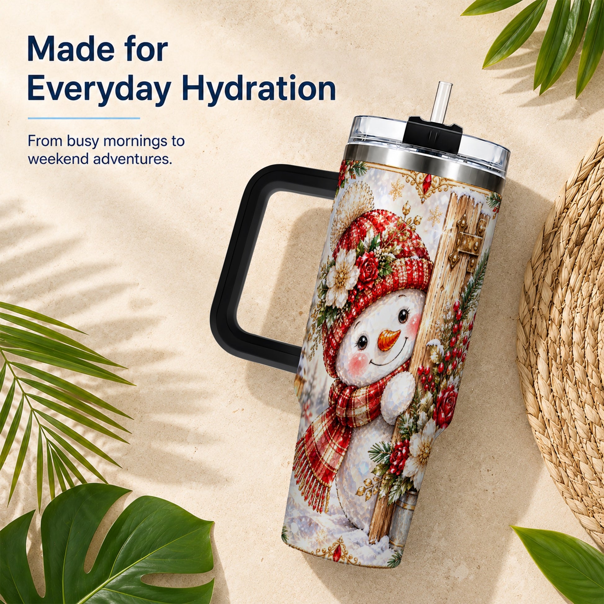 #pl[40oz|Black] Snowman 40oz Tumbler with Handle, Floral Stainless Steel Travel Cup